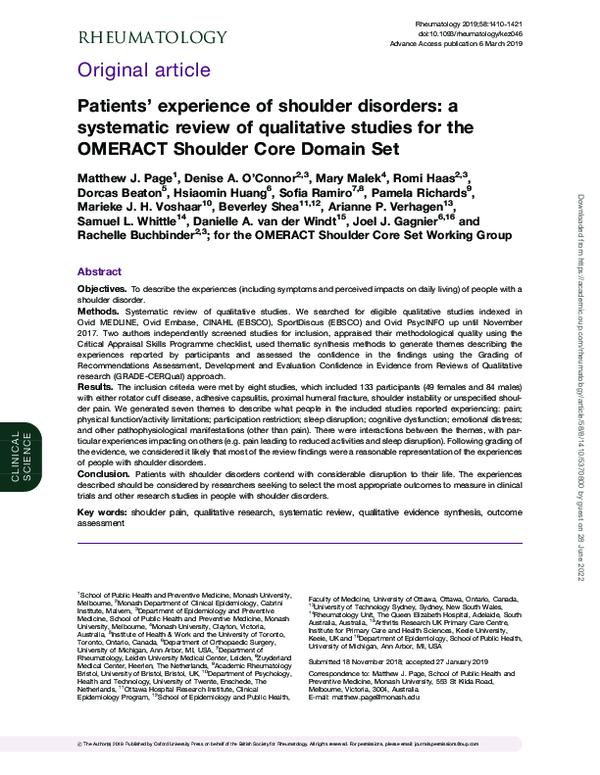 (PDF) Patients’ experience of shoulder disorders: a systematic review ...