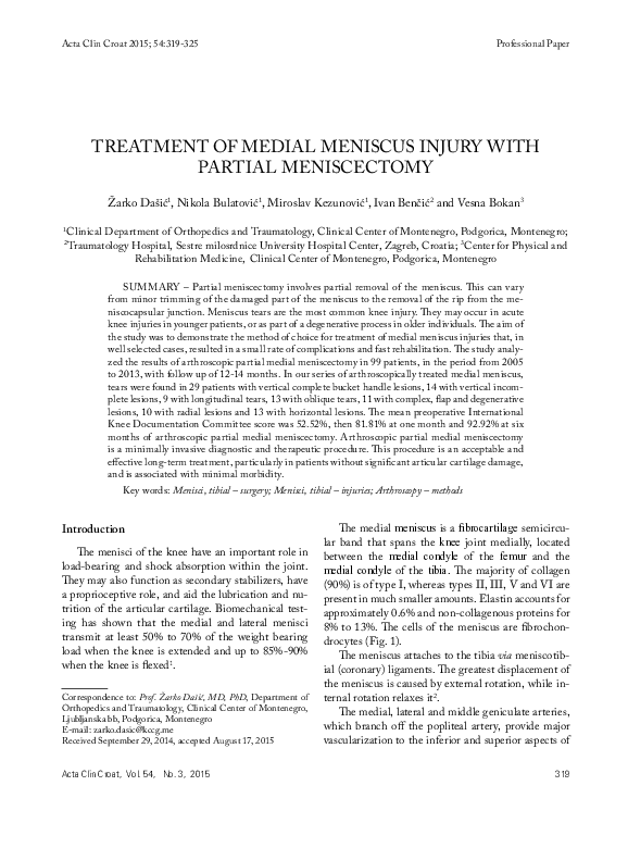 (PDF) Treatment of Medial Meniscus Injury with Partial Meniscectomy