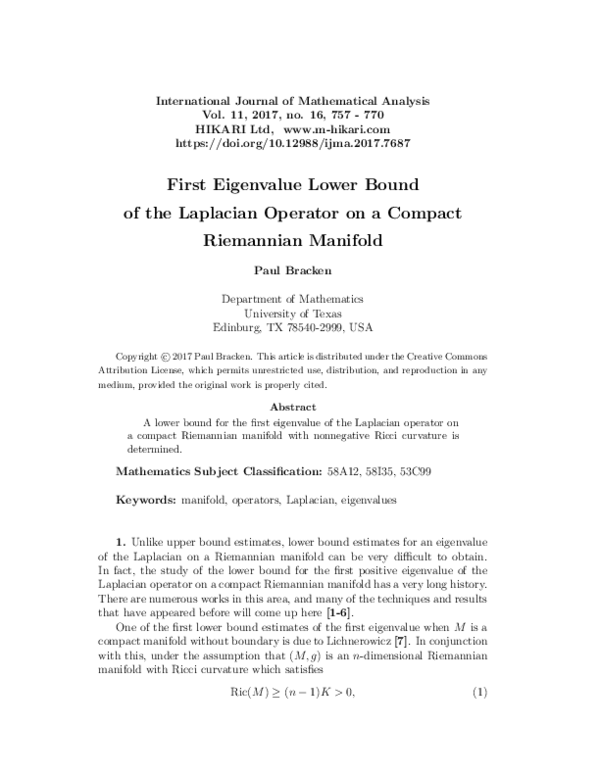 (PDF) First eigenvalue lower bound of the Laplacian operator on a ...