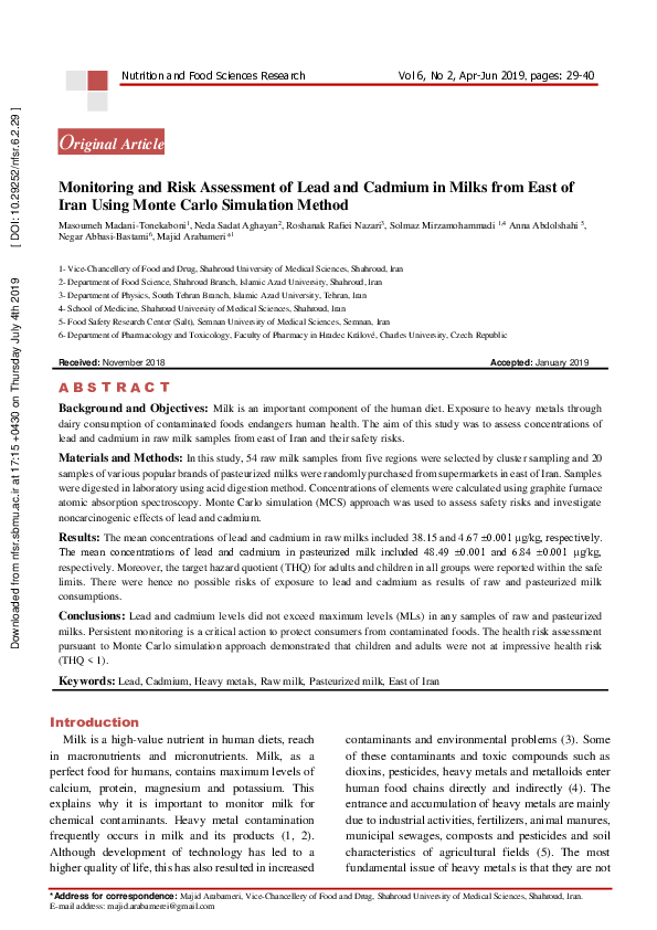 (PDF) Monitoring and Risk Assessment of Lead and Cadmium in Milks from ...