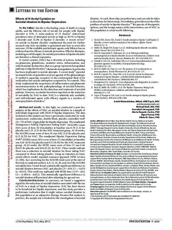 (PDF) Effects of N-Acetyl Cysteine on Suicidal Ideation in Bipolar ...