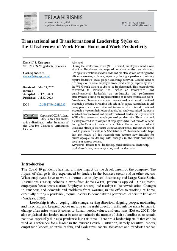 (PDF) Transactional and Transformational Leadership Styles on the ...