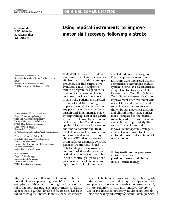 (PDF) Using musical instruments to improve motor skill recovery ...