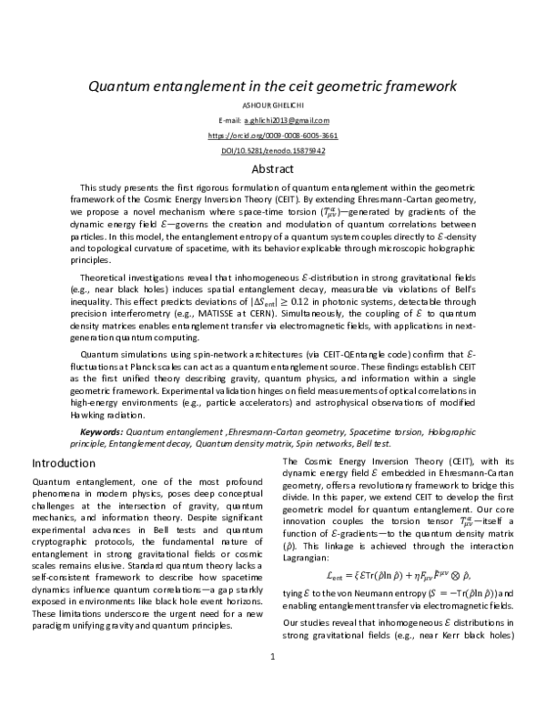 (PDF) Quantum Entanglement in the CEIT Geometric Framework