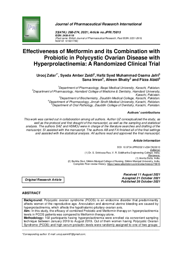 (PDF) Effectiveness of Metformin and its Combination with Probiotic in ...
