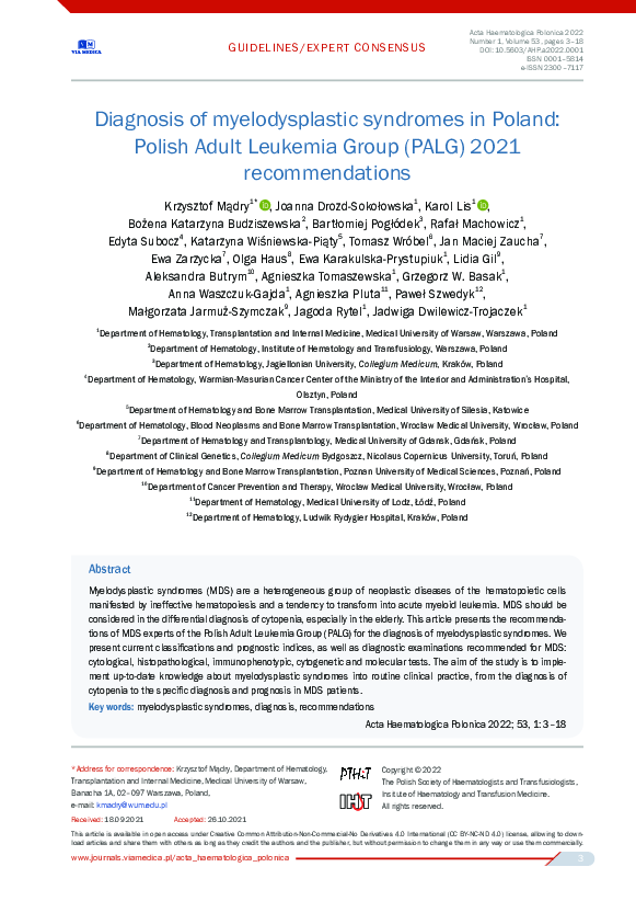 (PDF) Diagnosis of myelodysplastic syndromes in Poland: Polish Adult ...