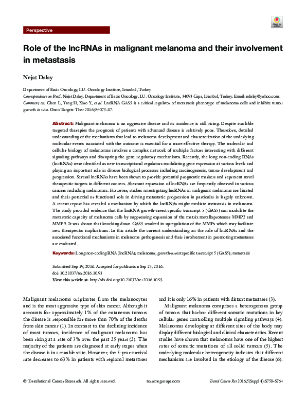 (PDF) Role of the lncRNAs in malignant melanoma and their involvement ...