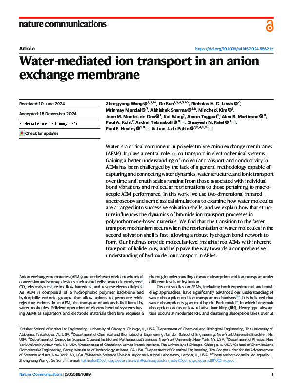 (PDF) Water-mediated ion transport in an anion exchange membrane