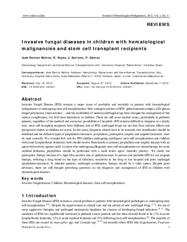 (PDF) Invasive fungal diseases in children with hematological ...