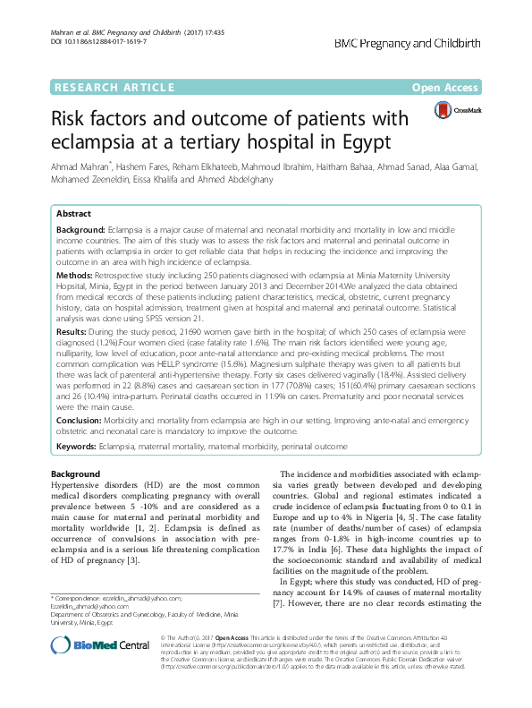 (PDF) Risk factors and outcome of patients with eclampsia at a tertiary ...