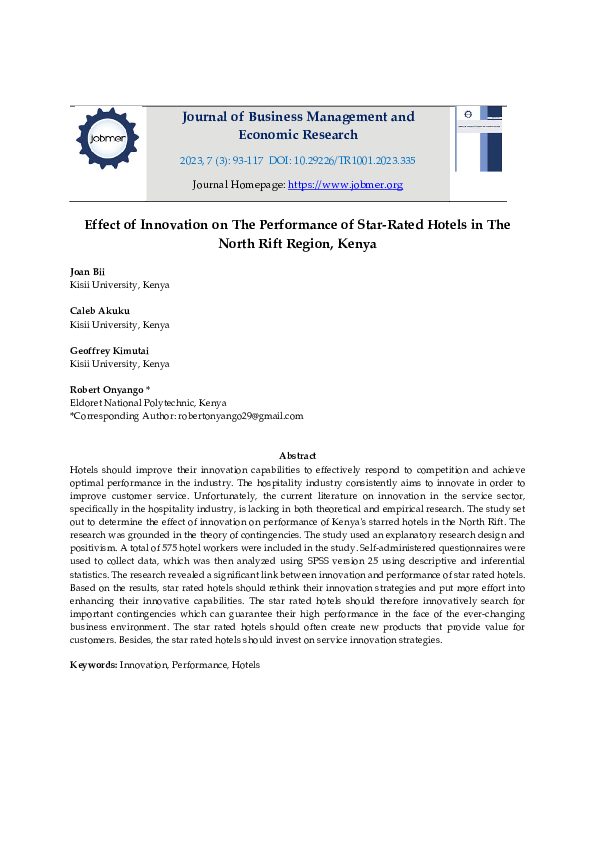 (PDF) Effect of Innovation on The Performance of Star‐Rated Hotels in ...