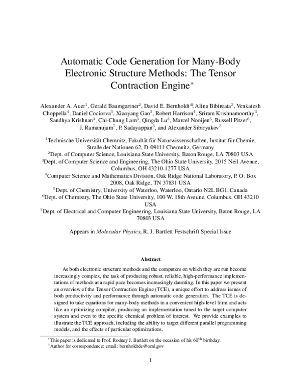 (PDF) Automatic code generation for many-body electronic structure ...