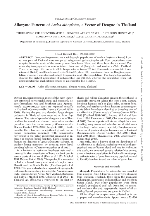 (PDF) Allozyme Patterns ofAedes albopictus, a Vector of Dengue in Thailand