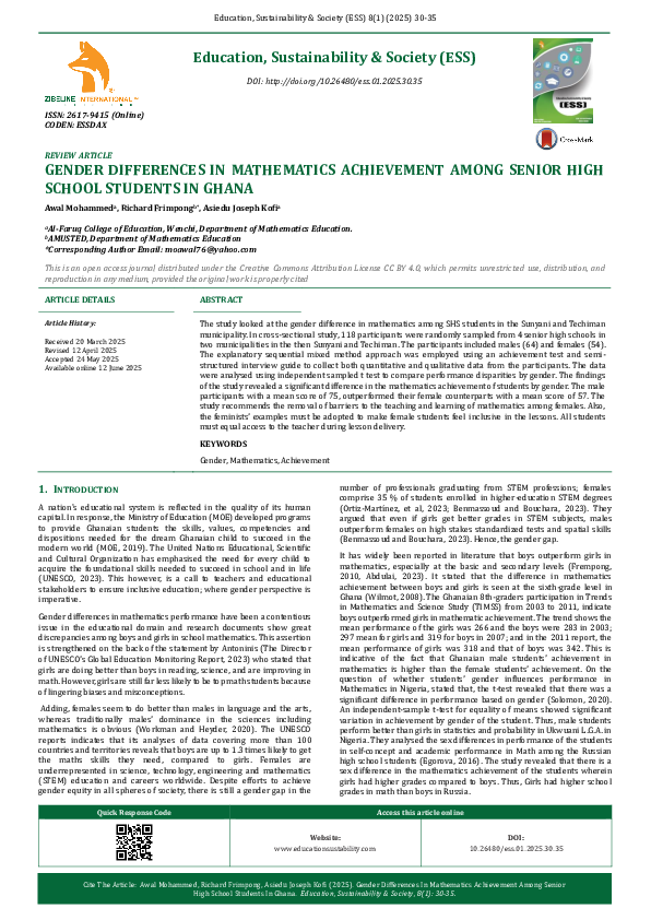 (PDF) GENDER DIFFERENCES IN MATHEMATICS ACHIEVEMENT AMONG SENIOR HIGH ...