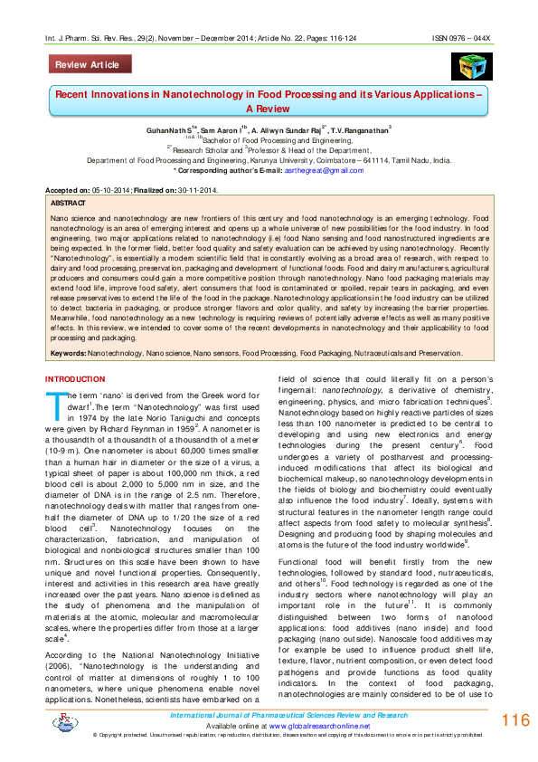 (PDF) Recent Innovations in Nanotechnology in Food Processing and its ...