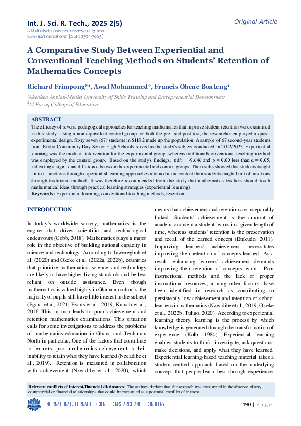 (PDF) A Comparative Study Between Experiential and Conventional ...