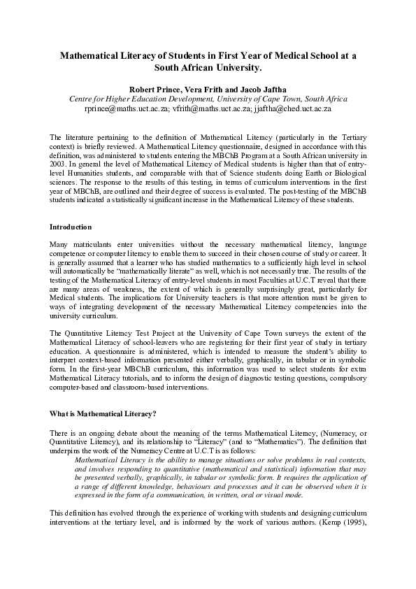 (PDF) Mathematical Literacy of Students in First Year of Medical School ...