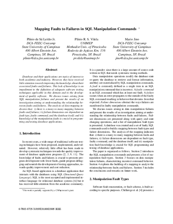(PDF) Mapping faults to failures in SQL manipulation commands