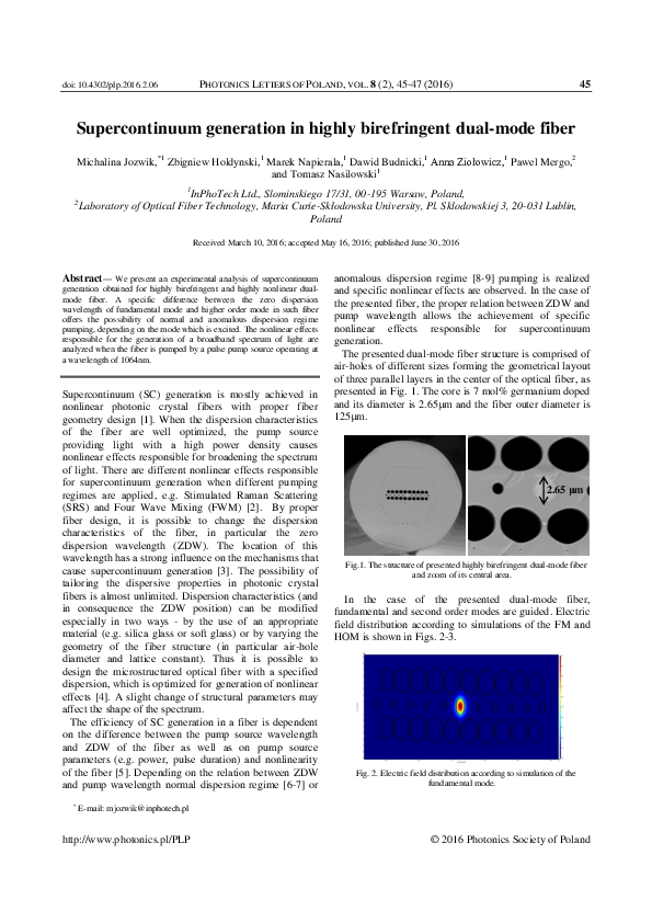 (PDF) Supercontinuum generation in highly birefringent dual-mode fiber