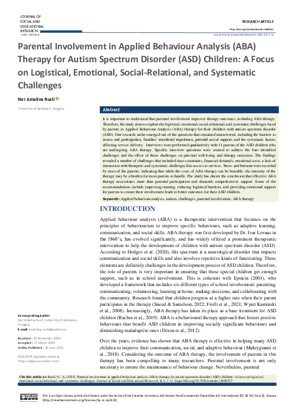 (PDF) Parental Involvement in Applied Behaviour Analysis (ABA) Therapy ...