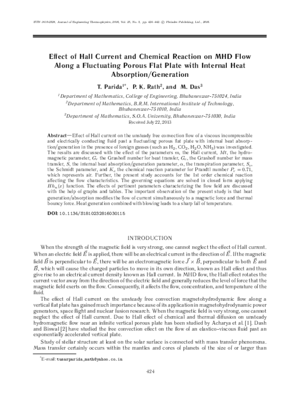 (PDF) Effect of Hall Current and Chemical Reaction on MHD Flow Along an ...