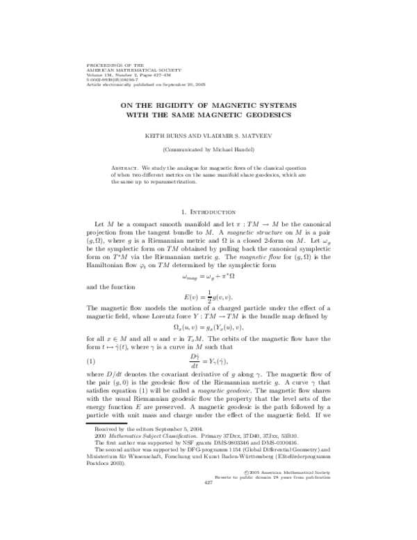 (PDF) On the rigidity of magnetic systems with the same magnetic geodesics