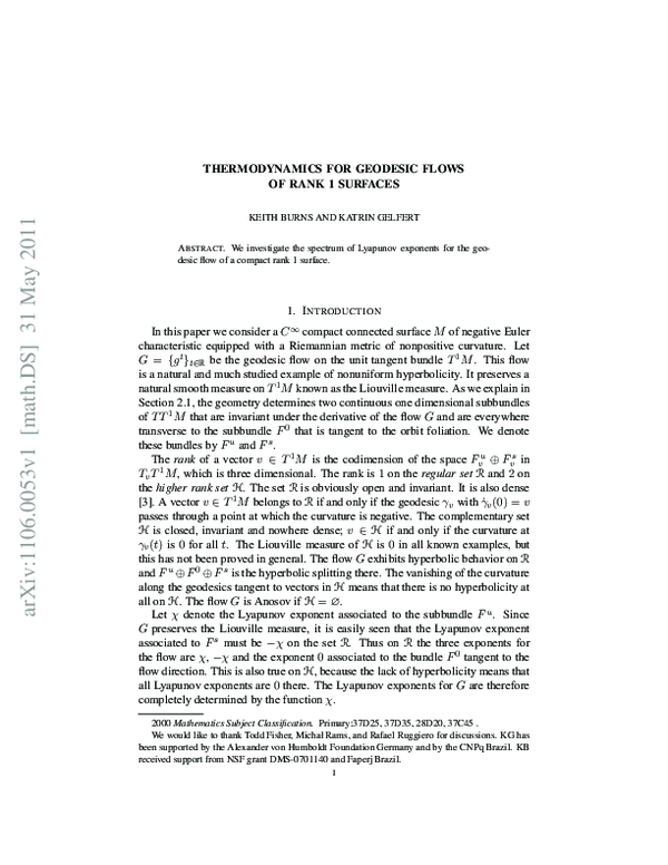 (PDF) Thermodynamics for geodesic flows of rank 1 surfaces