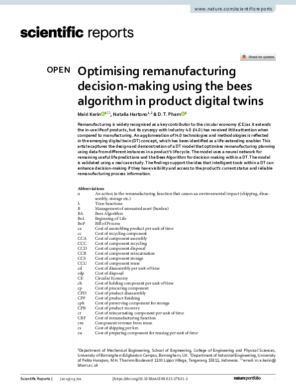 (PDF) Optimising remanufacturing decision-making using the bees ...