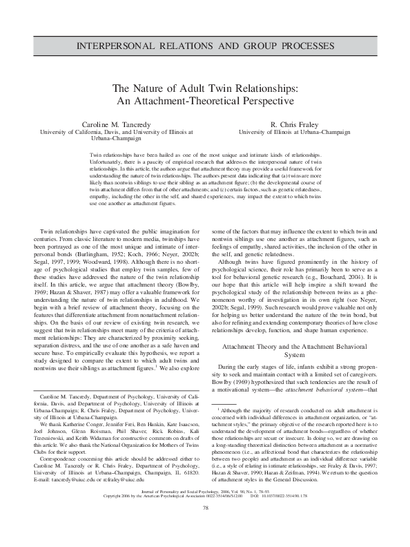 (PDF) The nature of adult twin relationships: An attachment-theoretical ...