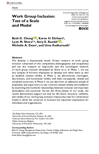 (PDF) Work Group Inclusion: Test of a Scale and Model