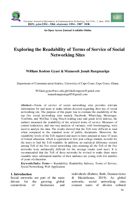 (PDF) Exploring the Readability of Terms of Service of Social ...