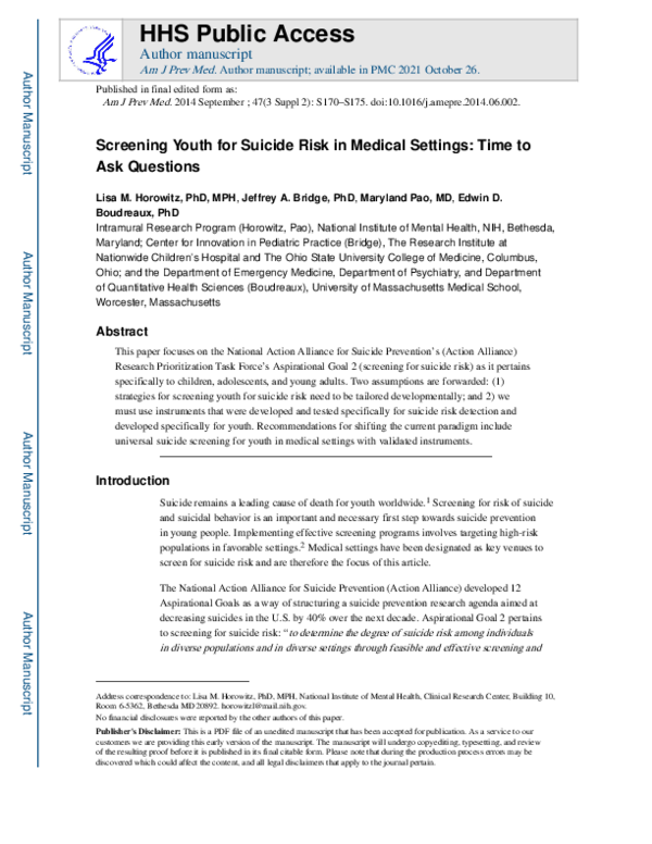 (PDF) Screening Youth for Suicide Risk in Medical Settings