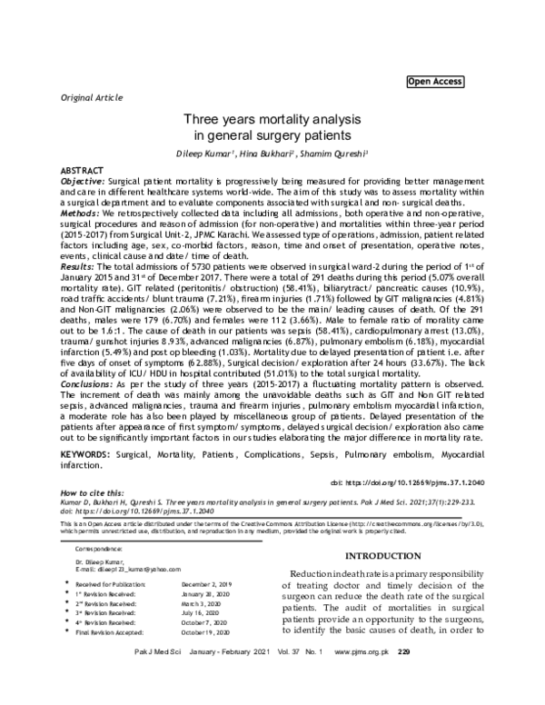 (PDF) Three years mortality analysis in general surgery patients