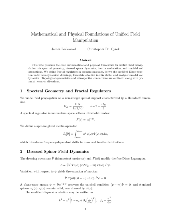 (PDF) Mathematical and Physical Foundations of Unified Field Manipulation