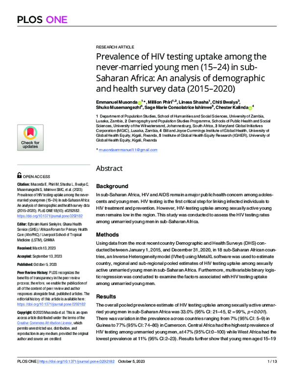 (PDF) Prevalence of HIV testing uptake among the never-married young ...