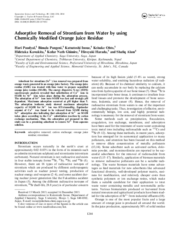 (PDF) Adsorptive Removal of Strontium from Water by using Chemically ...