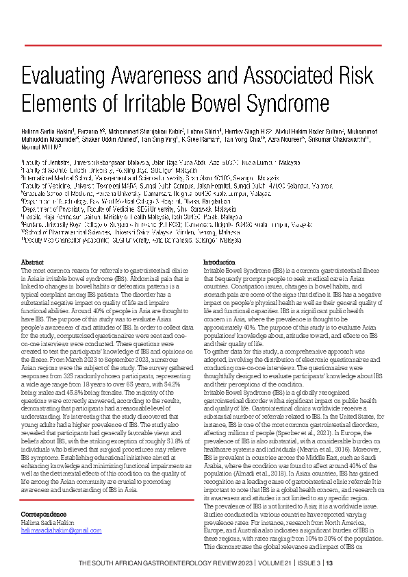 (PDF) Evaluating Awarwness and Associated Risk Elements of Irritable ...