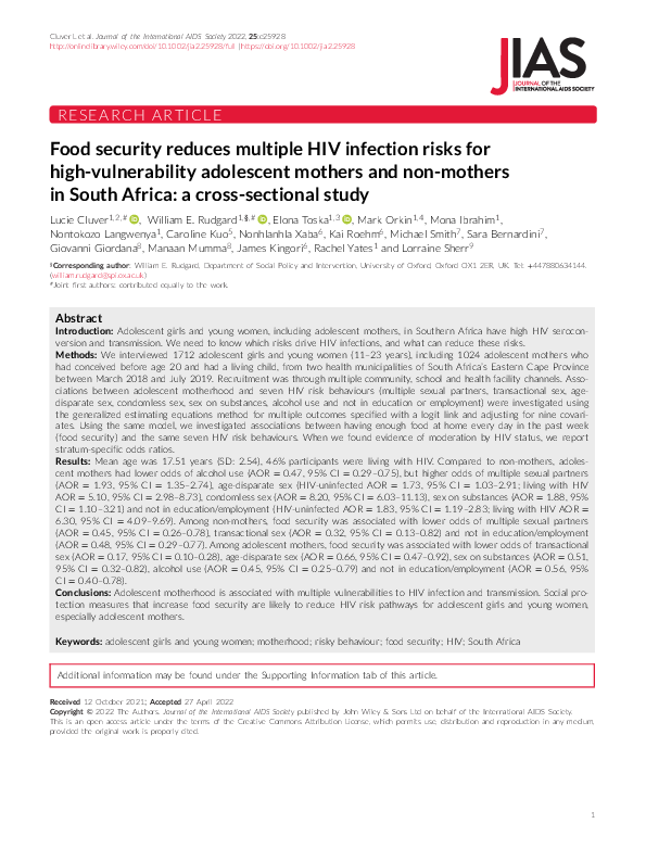 (PDF) Food security reduces multiple HIV infection risks for high ...