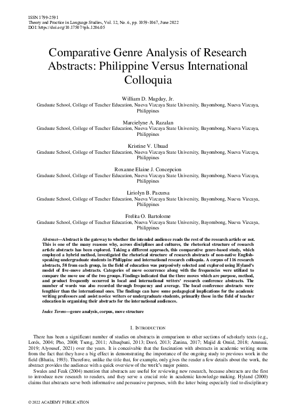 (PDF) Comparative Genre Analysis of Research Abstracts: Philippine ...
