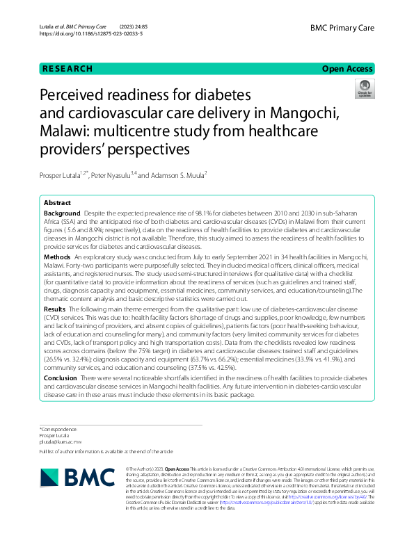 (PDF) Perceived readiness for diabetes and cardiovascular care delivery ...