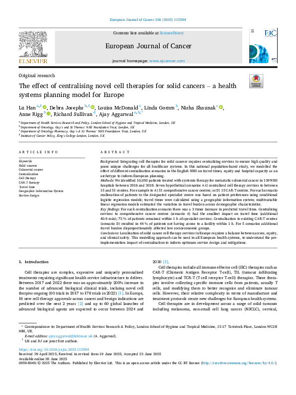(PDF) The effect of centralising novel cell therapies for solid ...