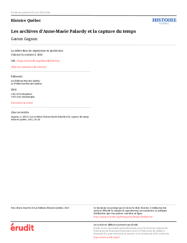 (PDF) Les archives d’Anne-Marie Palardy et la capture du temps