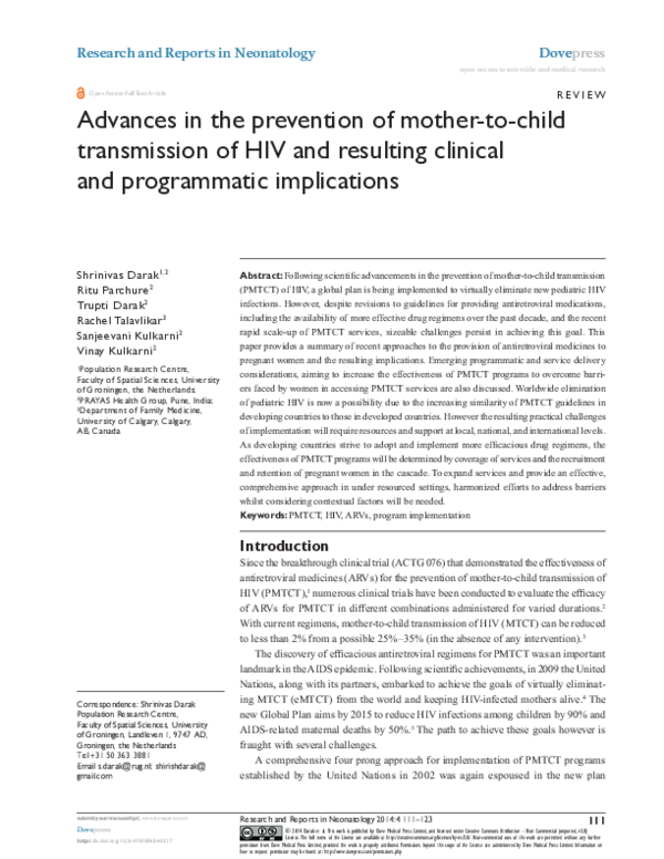 (PDF) Advances in the prevention of mother-to-child transmission of HIV ...