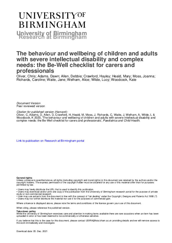 (PDF) The behaviour and wellbeing of children and adults with severe ...