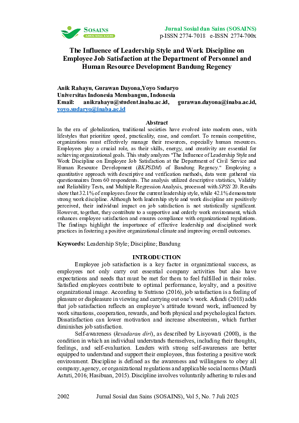 (PDF) The Influence of Leadership Style and Work Discipline on Employee ...