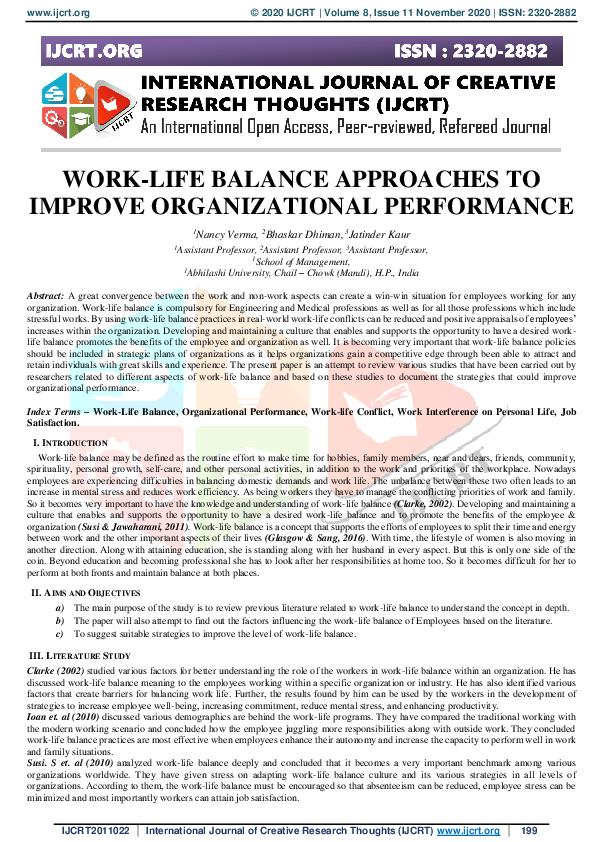 (PDF) WORK-LIFE BALANCE APPROACHES TO IMPROVE ORGANIZATIONAL PERFORMANCE