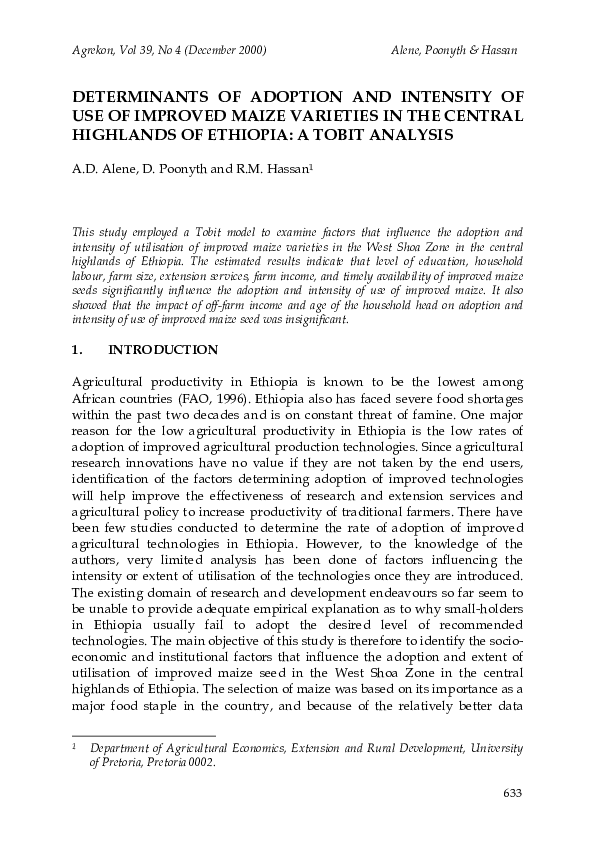(PDF) Determinants of Adoption and Intensity of Use of Improved Maize ...