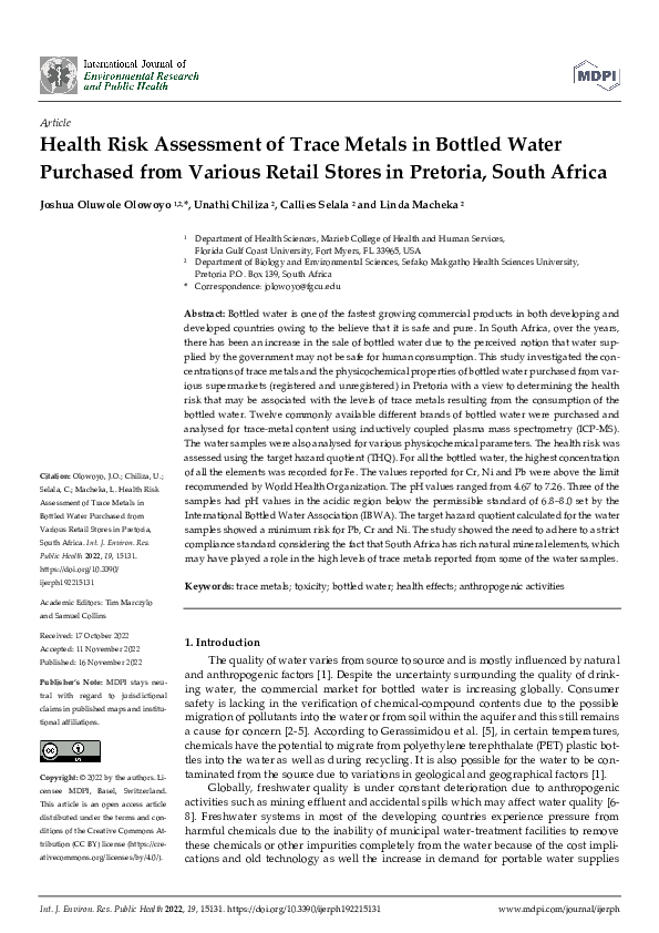 (PDF) Health Risk Assessment of Trace Metals in Bottled Water Purchased ...