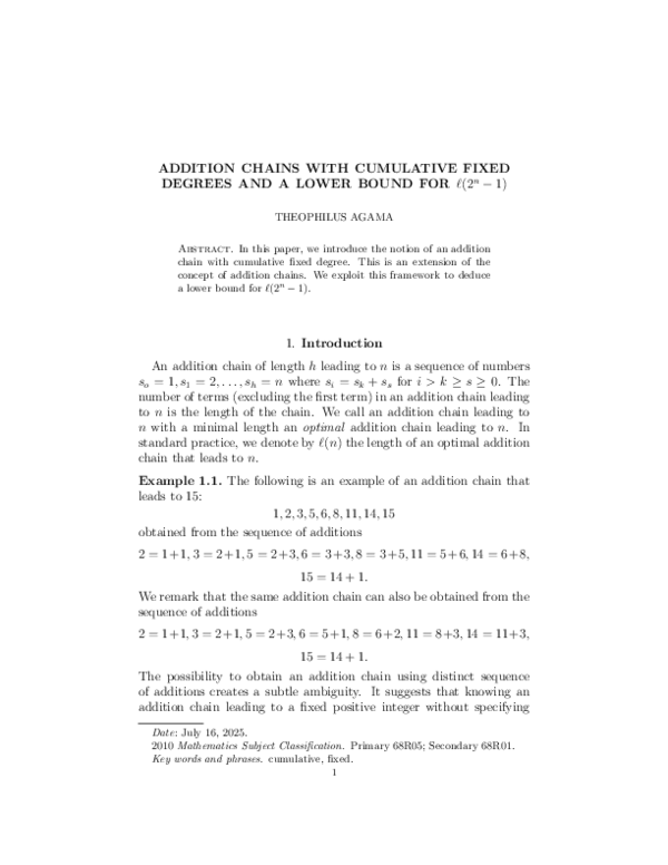 (PDF) ADDITION CHAINS WITH CUMULATIVE FIXED DEGREES AND A LOWER BOUND ...