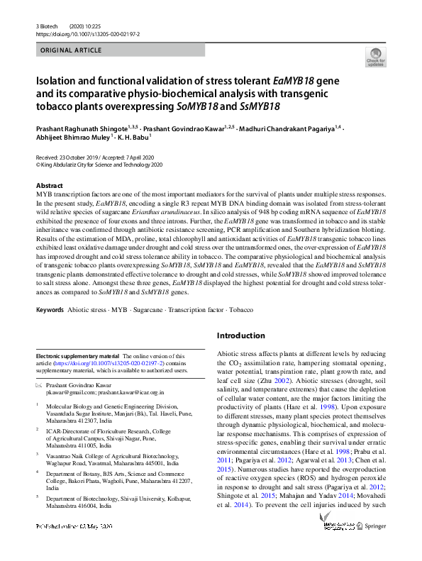(PDF) Isolation and functional validation of stress tolerant EaMYB18 ...